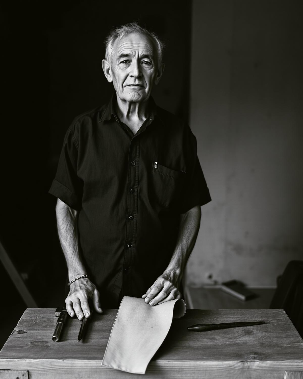Retrato en blanco y negro de Don Ernesto Villalpando, marroquinero en San Francisco del Rincón.