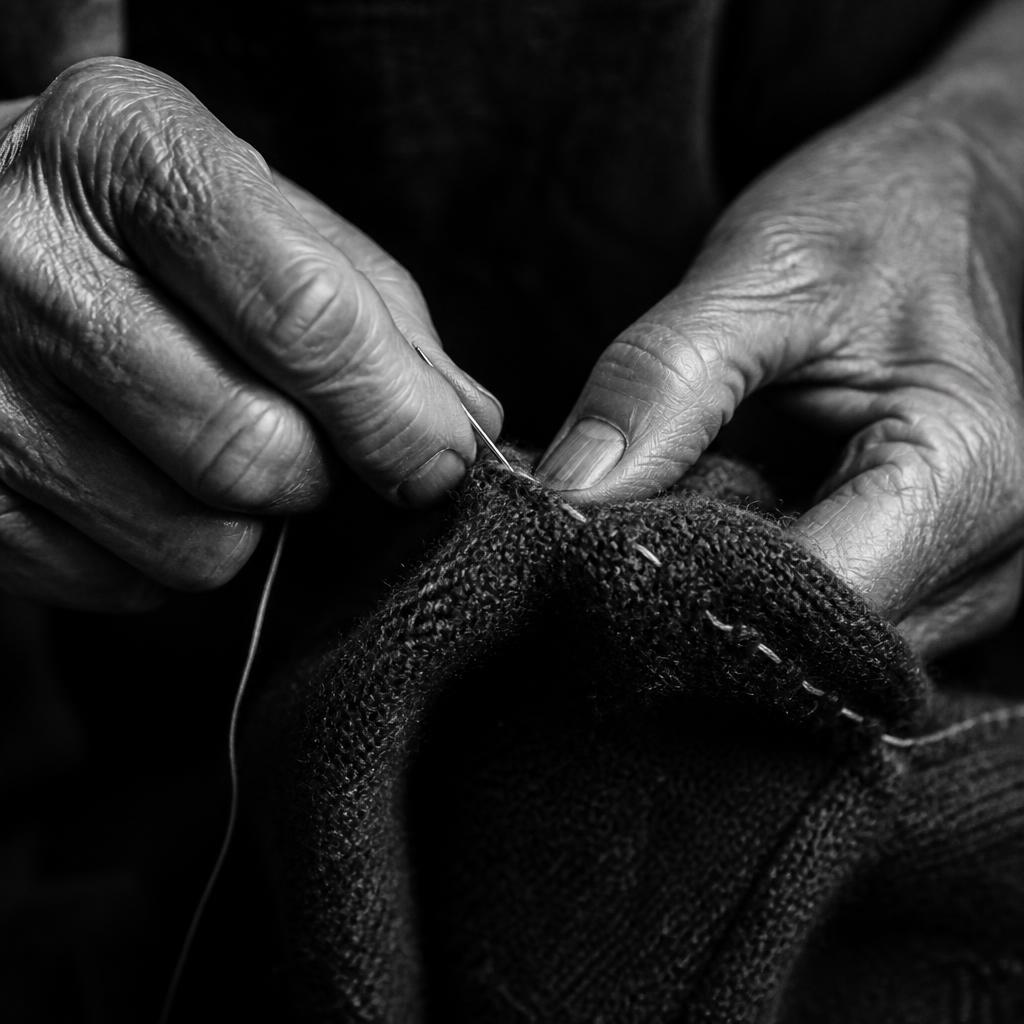 Manos reparando a mano una costura de lana en el atelier