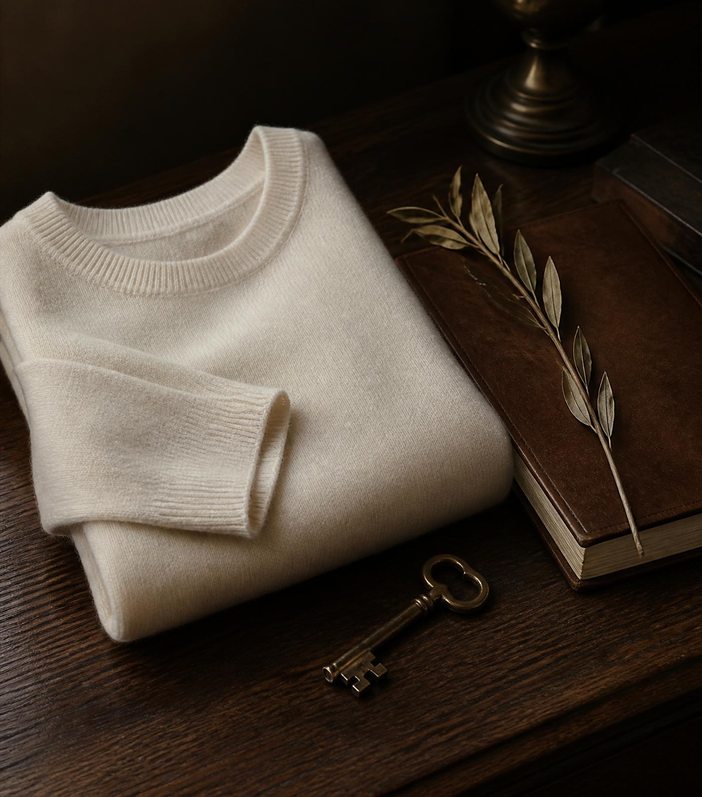 Suéter de cashmere marfil, llave de latón y libro encuadernado